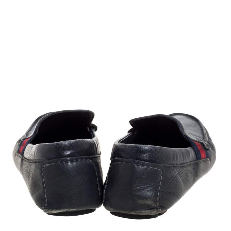 Pre Owned Gucci Blue Leather Web Detail Loafers Size 41.5