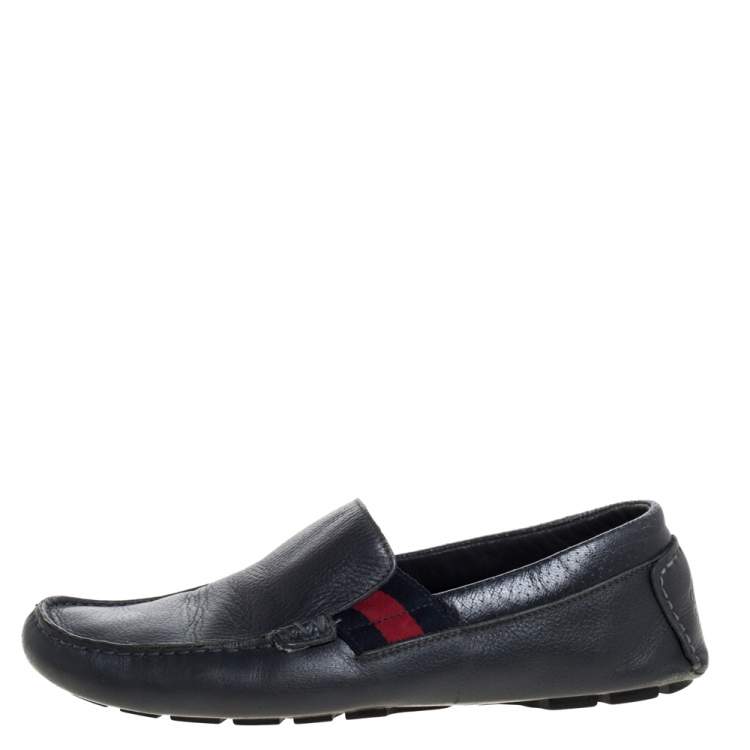 Pre Owned Gucci Blue Leather Web Detail Loafers Size 41.5