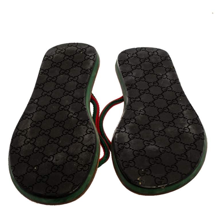 Pre Owned Gucci Green Canvas Web Detail Thong Flats Size 45