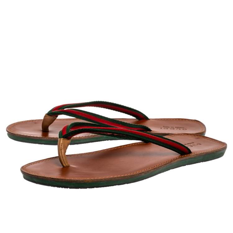 Pre Owned Gucci Green Canvas Web Detail Thong Flats Size 45