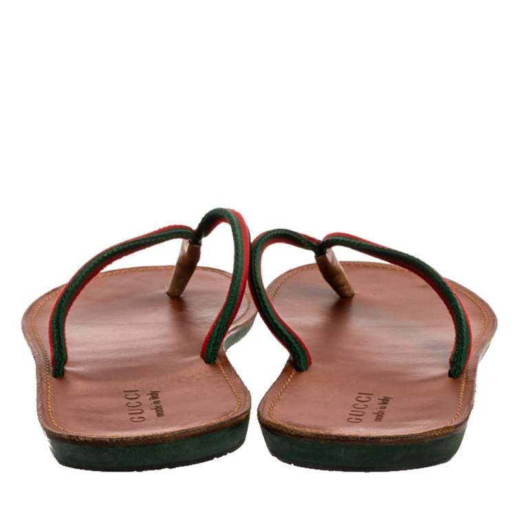 Pre Owned Gucci Green Canvas Web Detail Thong Flats Size 45