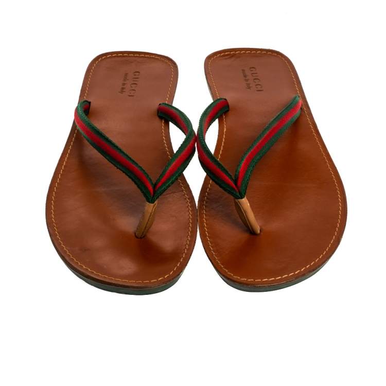Pre Owned Gucci Green Canvas Web Detail Thong Flats Size 45