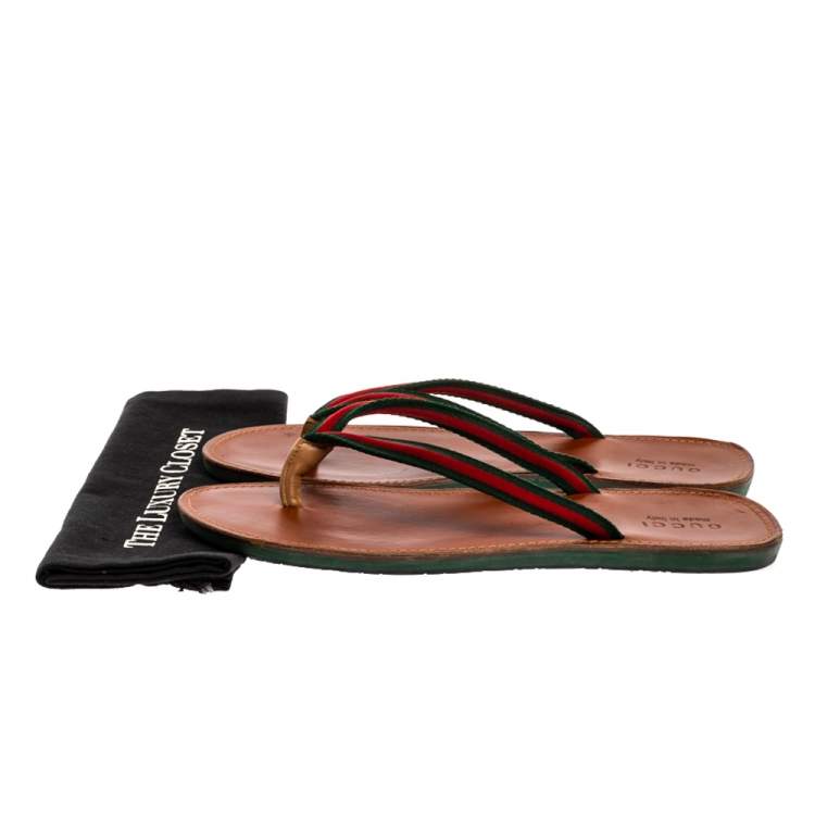 Pre Owned Gucci Green Canvas Web Detail Thong Flats Size 45
