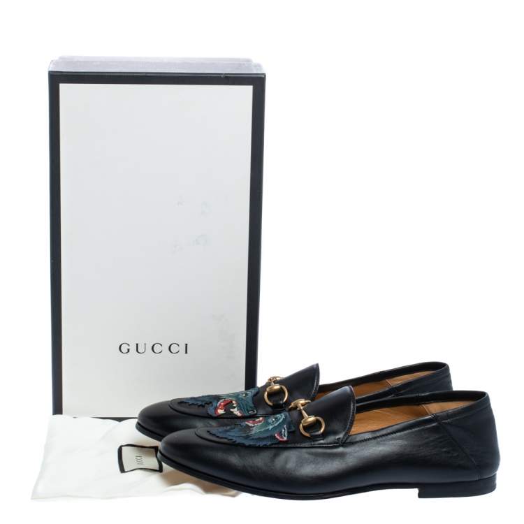 مملوكة مسبقًا Gucci Black Leather Brixton Wolf Applique Horsebit Loafers Size 45