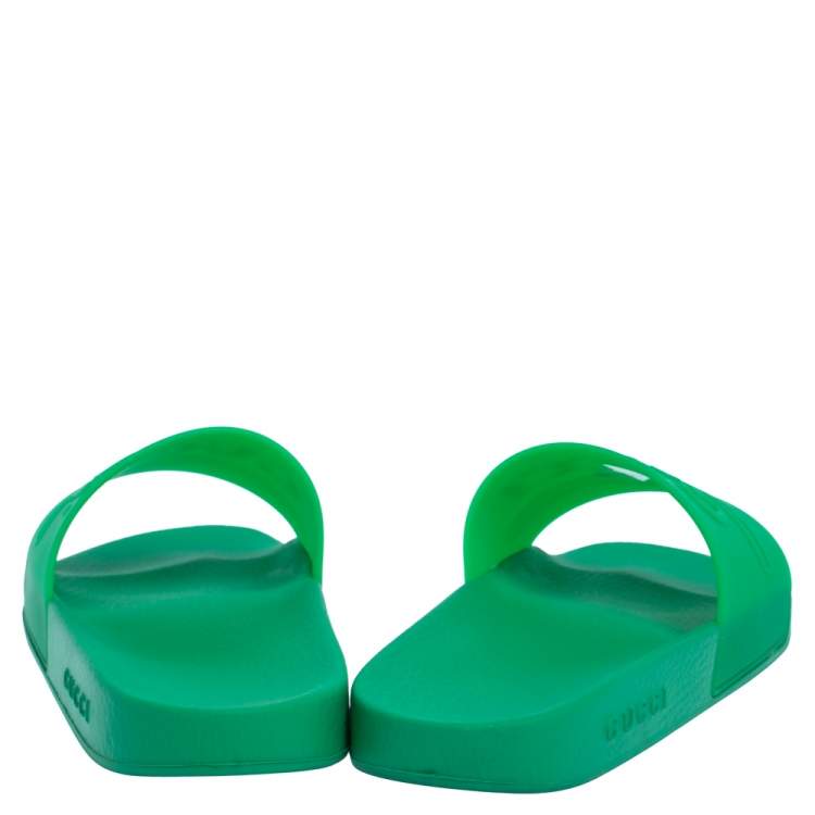 Pre Owned Gucci Green Rubber Logo Slide Sandals Size 45