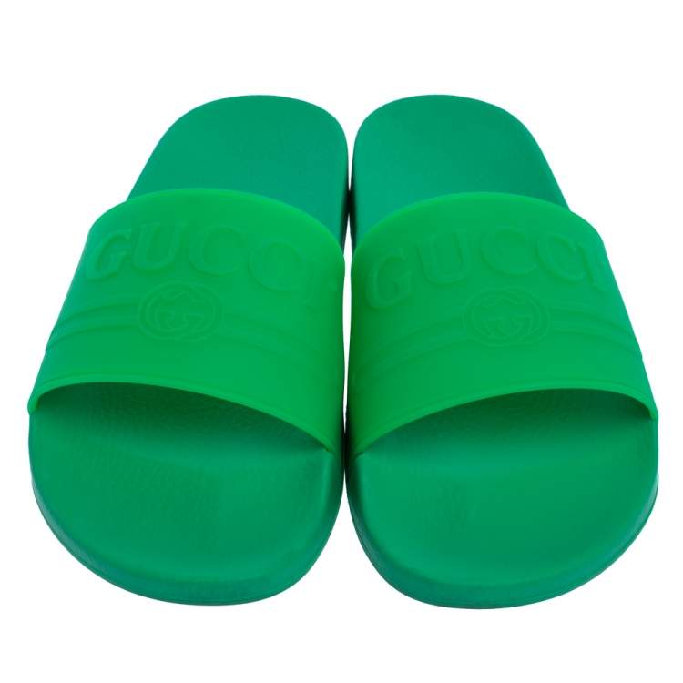 Pre Owned Gucci Green Rubber Logo Slide Sandals Size 45