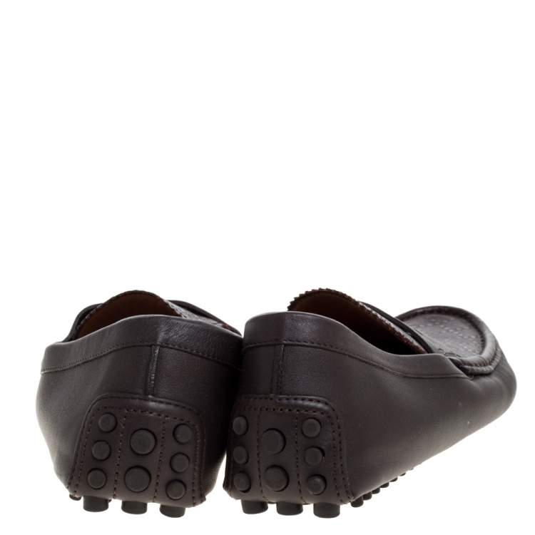 Pre Owned Gucci Brown Diamante Leather Driver Loafers Size 43