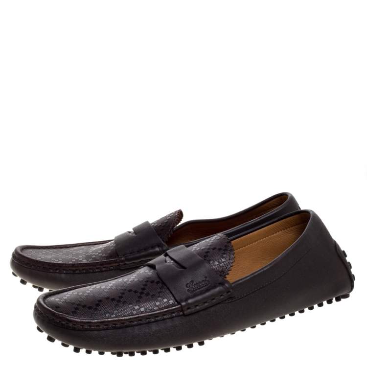 Pre Owned Gucci Brown Diamante Leather Driver Loafers Size 43