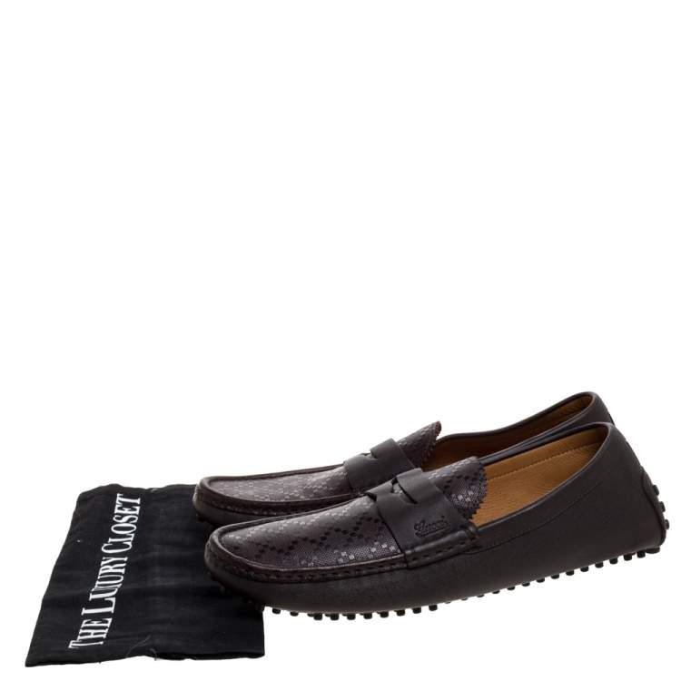 Pre Owned Gucci Brown Diamante Leather Driver Loafers Size 43