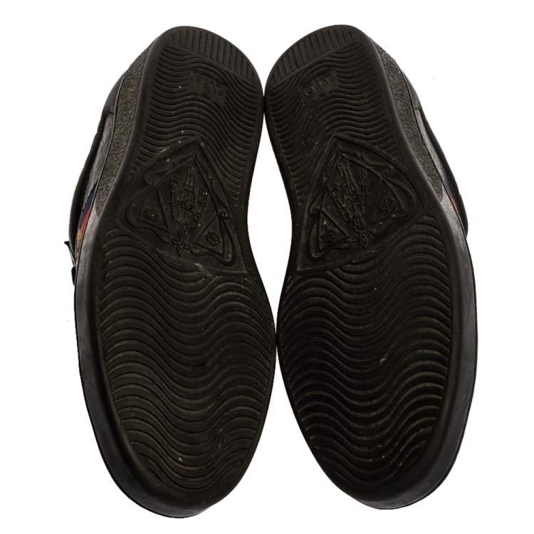 Pre Owned Gucci Black Leather Ace Web Bee Low Top Lace Up Sneakers Size 42.5