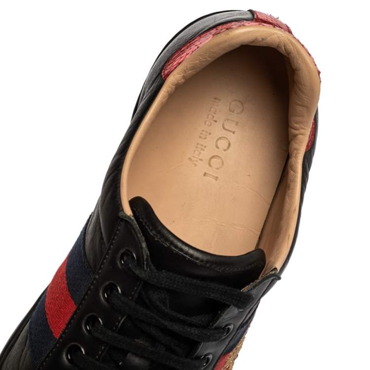 Pre Owned Gucci Black Leather Ace Web Bee Low Top Lace Up Sneakers Size 42.5