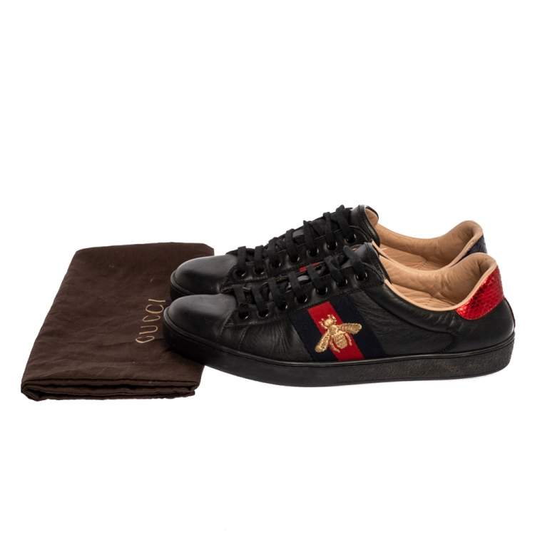 Pre Owned Gucci Black Leather Ace Web Bee Low Top Lace Up Sneakers Size 42.5