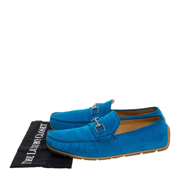 Pre Owned Gucci Blue Suede Leather Horsebit Slip On Loafers Size 43.5