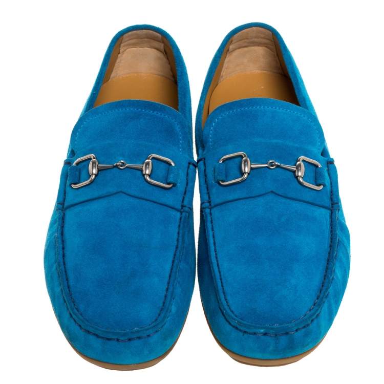 Pre Owned Gucci Blue Suede Leather Horsebit Slip On Loafers Size 43.5