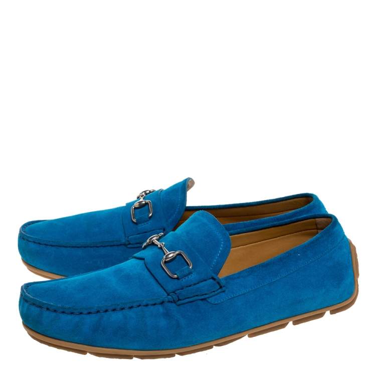 Pre Owned Gucci Blue Suede Leather Horsebit Slip On Loafers Size 43.5