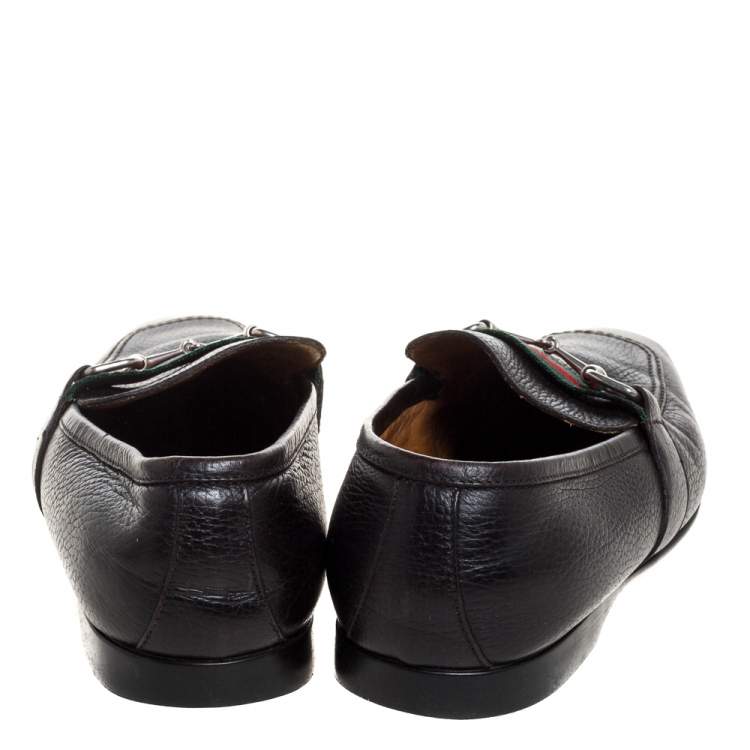 Pre Owned Gucci Black Leather Horsebit Web Detail Slip On Loafers Size 43