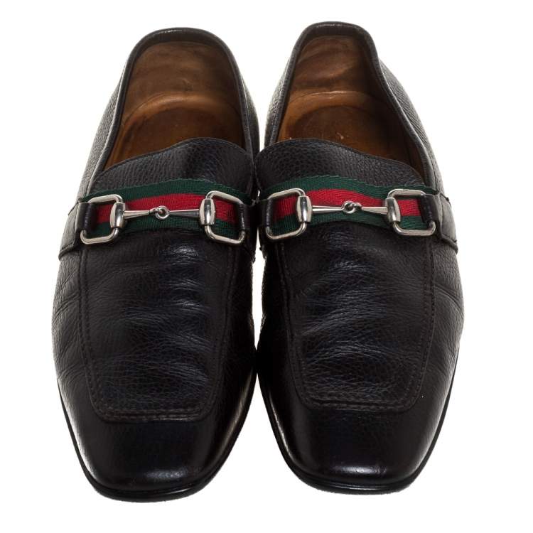Pre Owned Gucci Black Leather Horsebit Web Detail Slip On Loafers Size 43