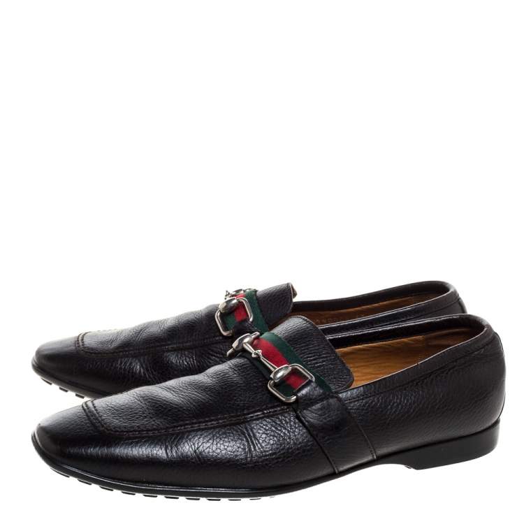 Pre Owned Gucci Black Leather Horsebit Web Detail Slip On Loafers Size 43