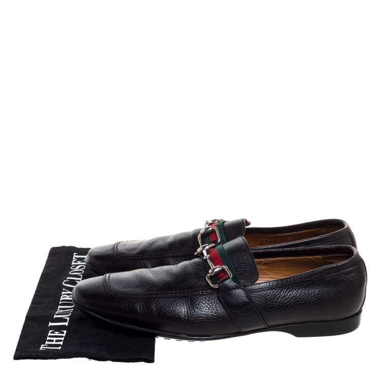 Pre Owned Gucci Black Leather Horsebit Web Detail Slip On Loafers Size 43
