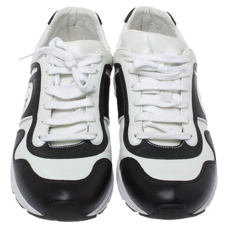 Pre Owned Gucci Black/White Leather Interlocking GG Lace Up Low Top Sneakers Size 43