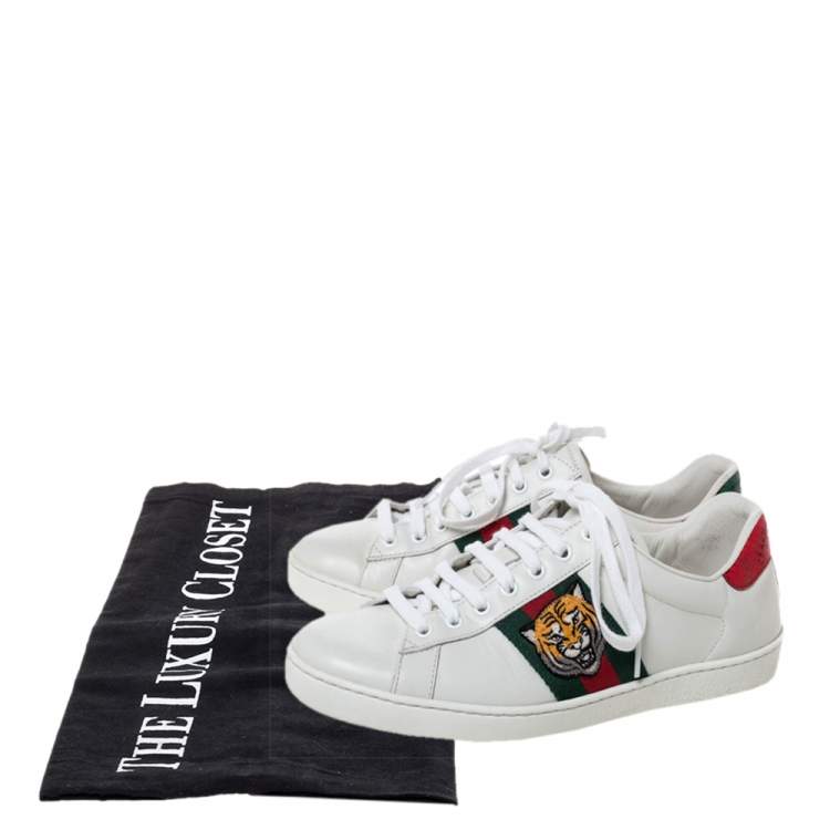 Pre Owned Gucci White Leather Ace Embroidered Tiger Low Top Sneakers Size 42