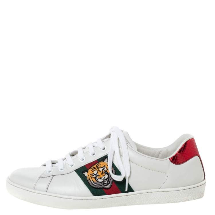 Gucci White Leather Embroidered Tiger Low Sneakers Size Gucci TLC