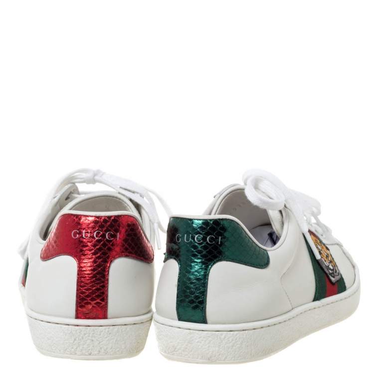 Pre Owned Gucci White Leather Ace Embroidered Tiger Low Top Sneakers Size 42