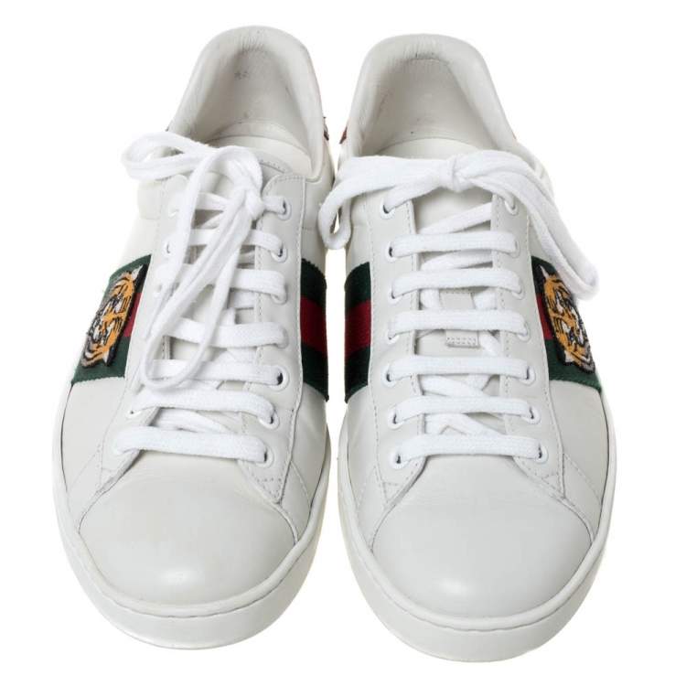 Pre Owned Gucci White Leather Ace Embroidered Tiger Low Top Sneakers Size 42