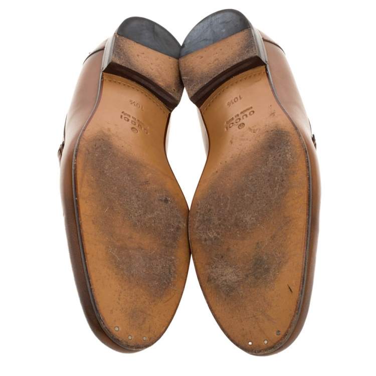 Pre Owned Gucci Brown Glossy Leather Diamante Detail Loafers Size 44.5