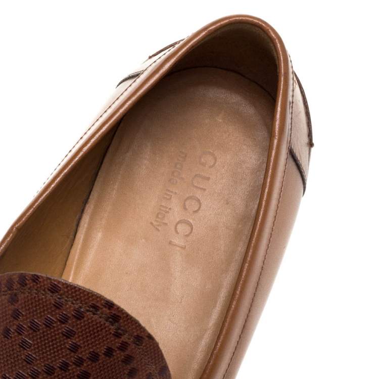 Pre Owned Gucci Brown Glossy Leather Diamante Detail Loafers Size 44.5