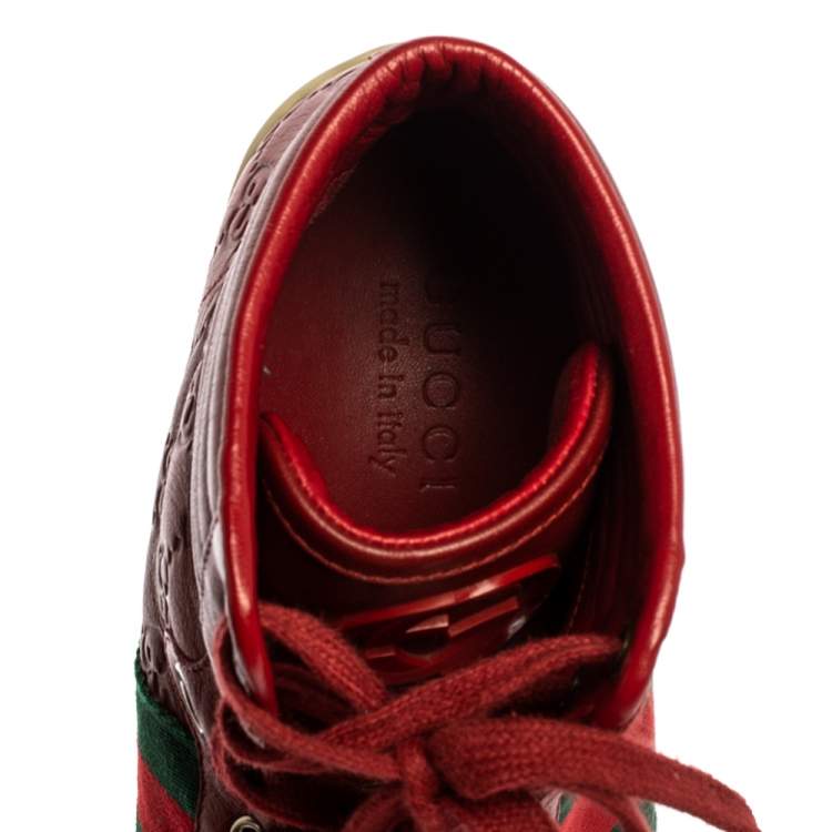 Pre Owned Gucci Red Guccissima Leather Viaggio Web Detail High Top Sneakers Size 42.5