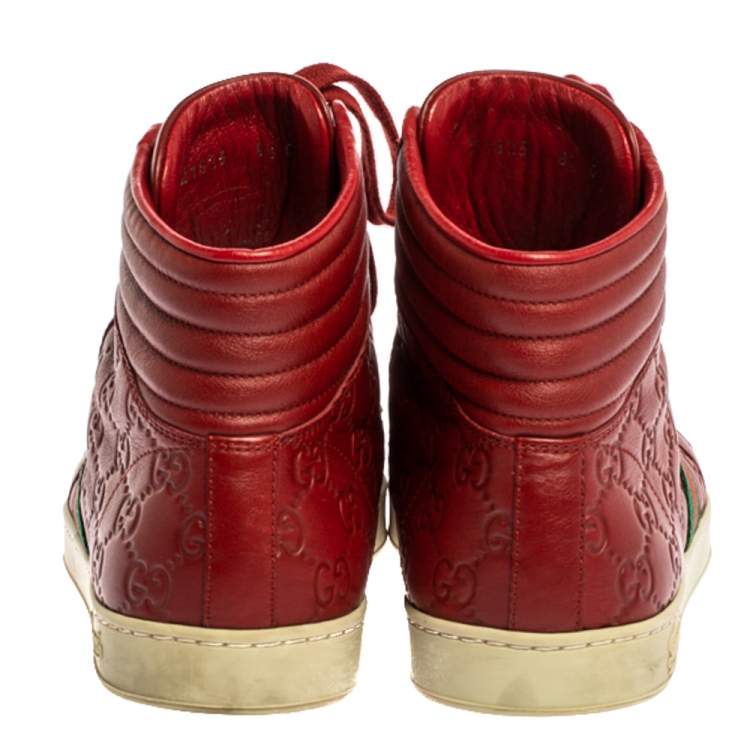 Pre Owned Gucci Red Guccissima Leather Viaggio Web Detail High Top Sneakers Size 42.5