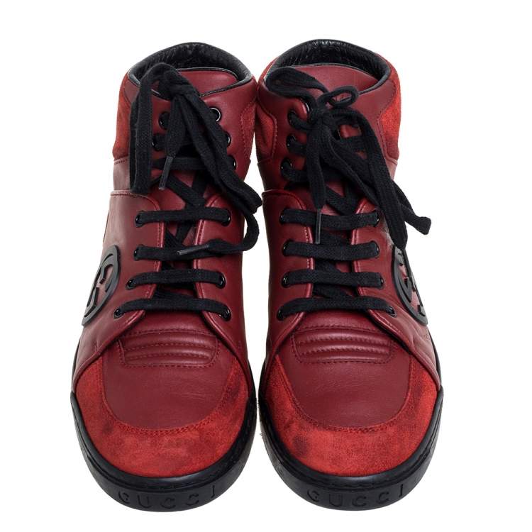 Pre Owned Gucci Red Leather And Suede High-Top Sneakers Size 40