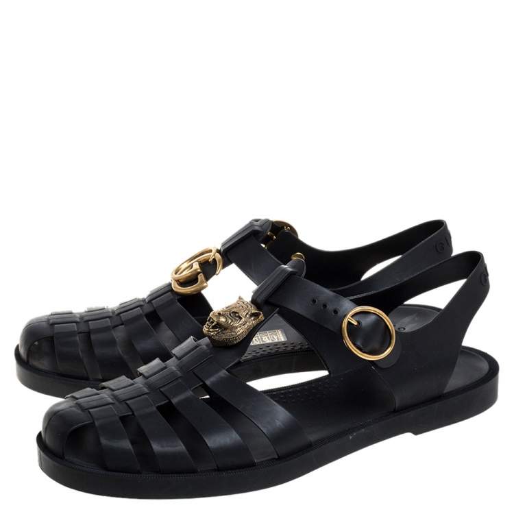Pre Owned Gucci Black GG Rubber Loin Head Slingback Sandals Size 44