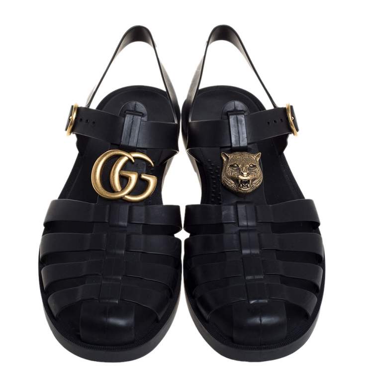 Pre Owned Gucci Black GG Rubber Loin Head Slingback Sandals Size 44