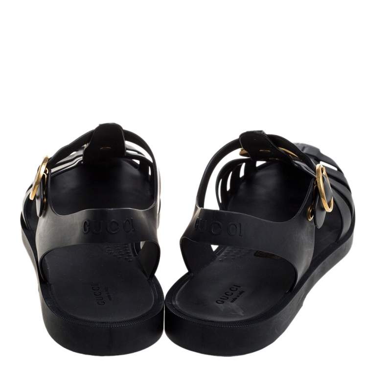 Pre Owned Gucci Black GG Rubber Loin Head Slingback Sandals Size 44