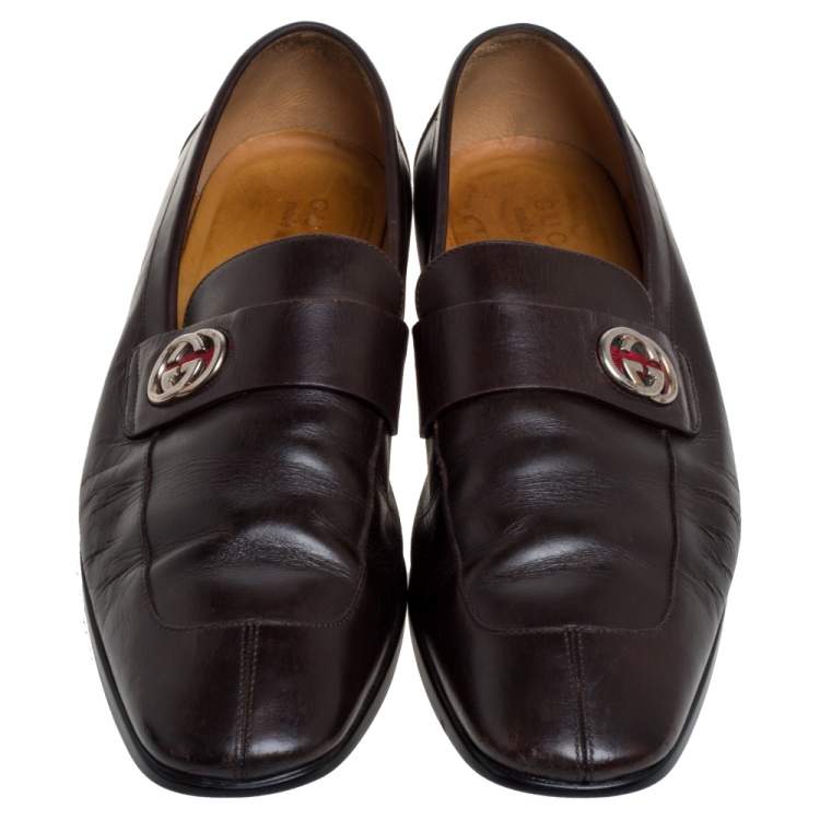 Pre Owned Gucci Brown Leather GG Loafers Size 42.5