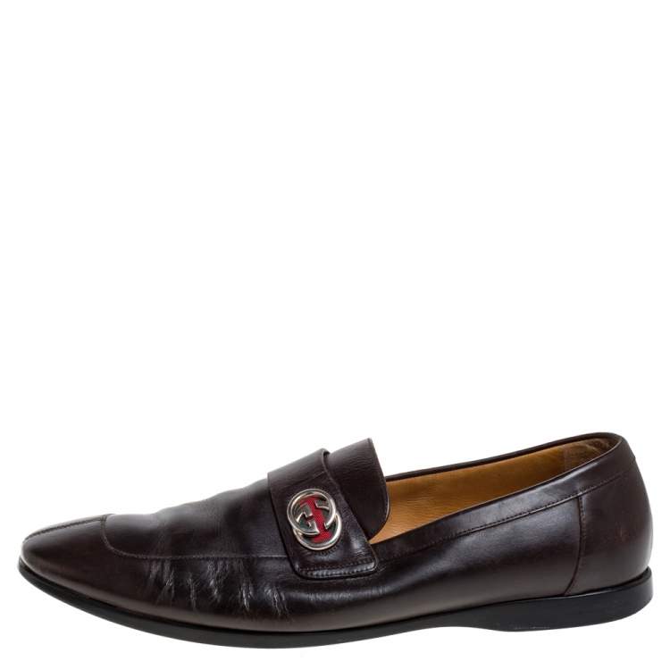 Pre Owned Gucci Brown Leather GG Loafers Size 42.5