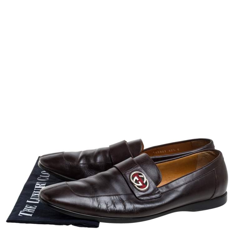 Pre Owned Gucci Brown Leather GG Loafers Size 42.5