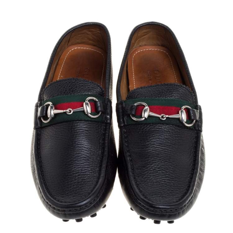 Pre Owned Gucci Black Leather Horsebit Web Detail Driver Loafers Size 41.5