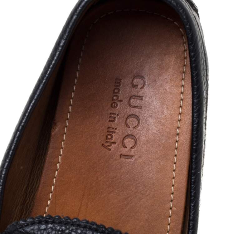 Pre Owned Gucci Black Leather Horsebit Web Detail Driver Loafers Size 41.5