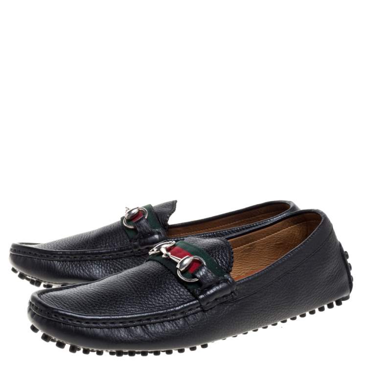 Pre Owned Gucci Black Leather Horsebit Web Detail Driver Loafers Size 41.5
