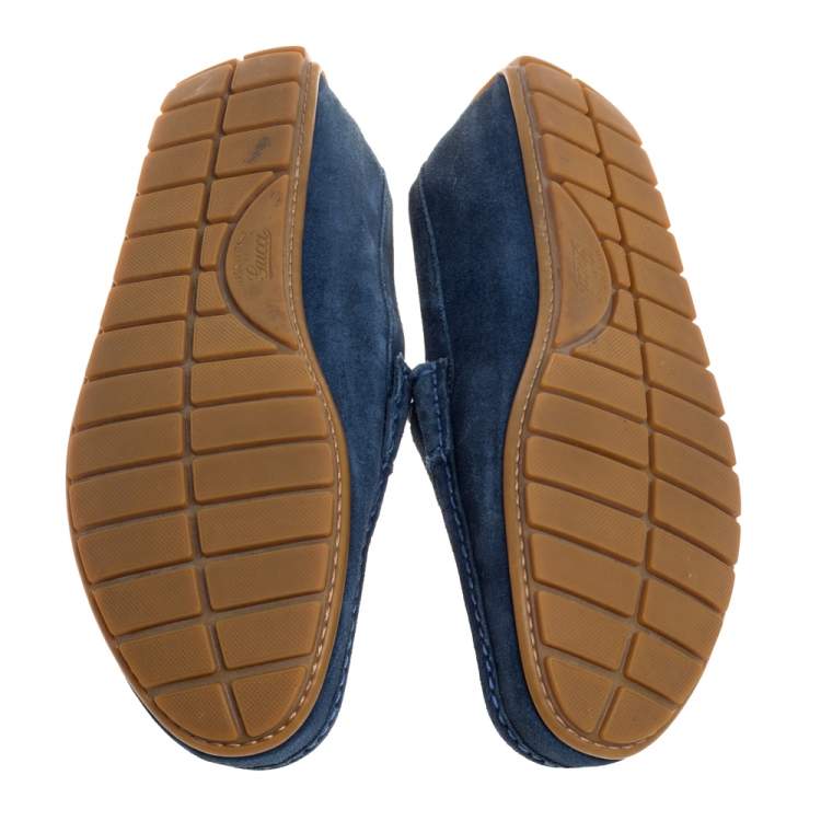 Pre Owned Gucci Blue Suede Interlocking GG Driving Moccasins Size 44