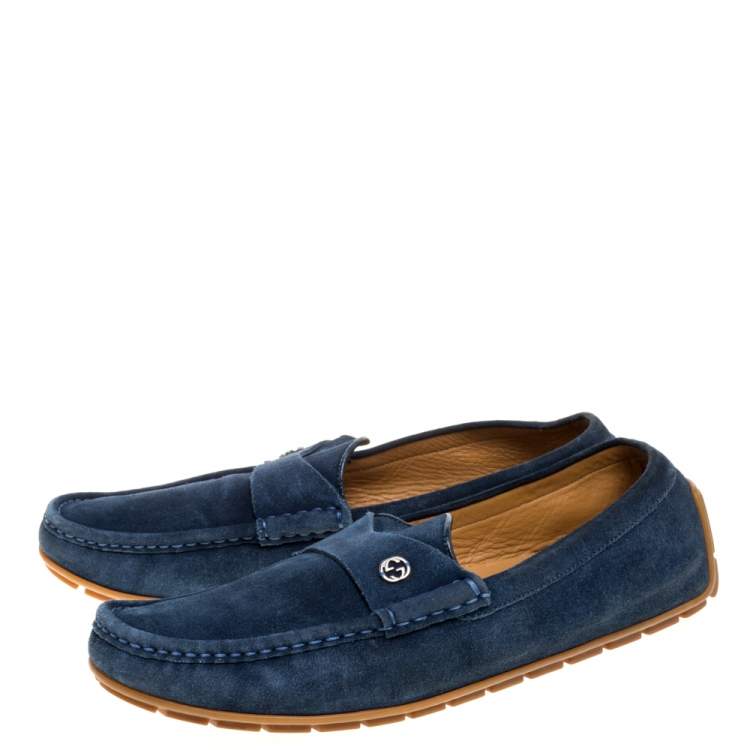 Pre Owned Gucci Blue Suede Interlocking GG Driving Moccasins Size 44