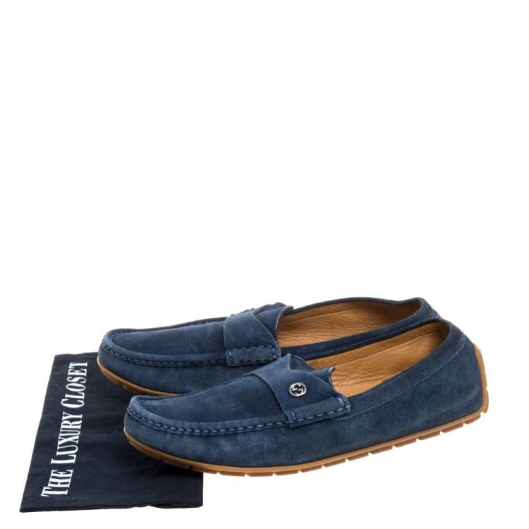 Pre Owned Gucci Blue Suede Interlocking GG Driving Moccasins Size 44