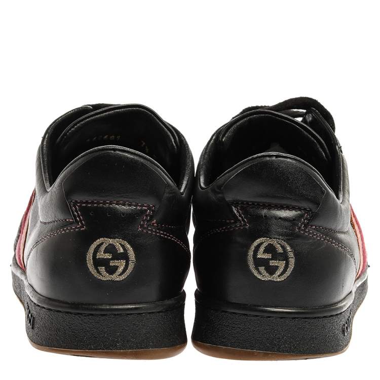 Pre Owned Gucci Black Leather and Suede Web G Low Top Sneakers Size 41.5
