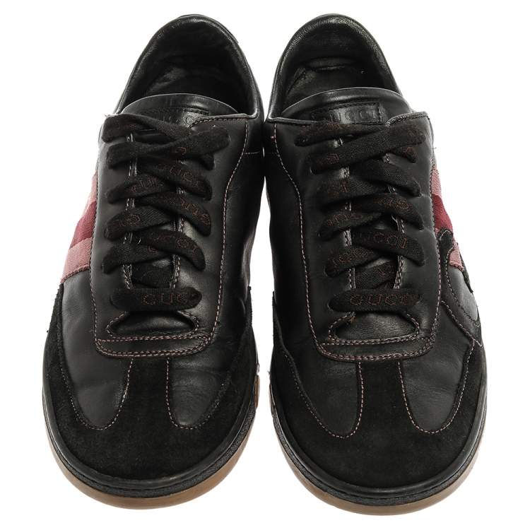 Pre Owned Gucci Black Leather and Suede Web G Low Top Sneakers Size 41.5