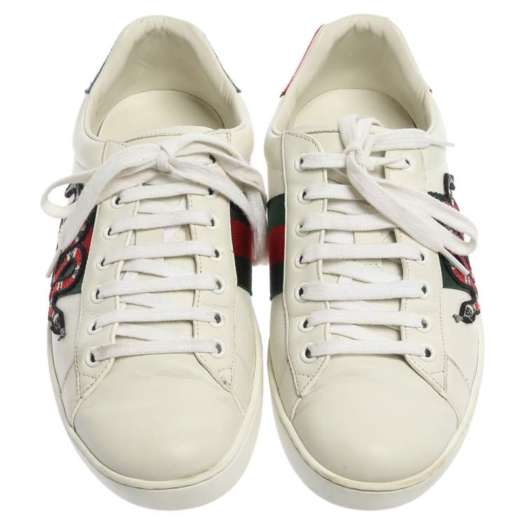 Pre Owned Gucci White Leather Ace Embroidered Snake Low Top Sneakers Size 41.5