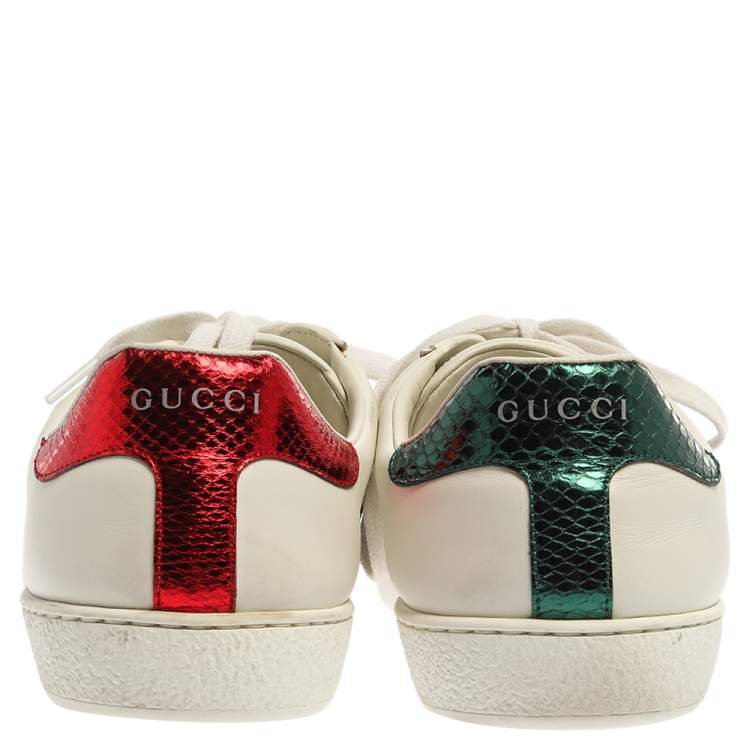 Pre Owned Gucci White Leather Ace Embroidered Snake Low Top Sneakers Size 41.5