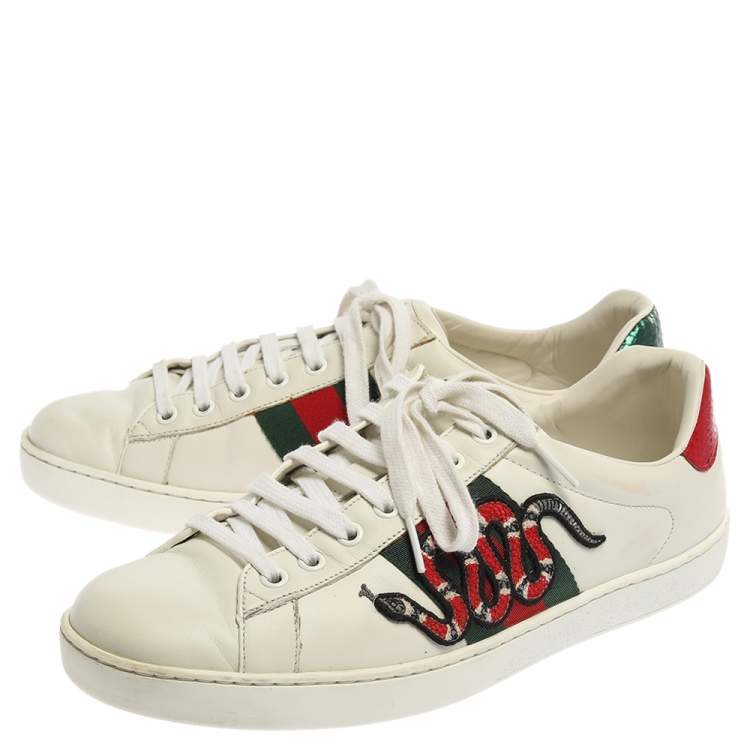Pre Owned Gucci White Leather Ace Embroidered Snake Low Top Sneakers Size 41.5